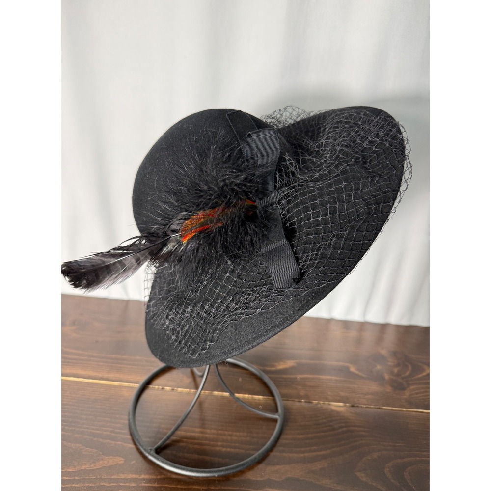 Michael Howard Ruth Alan Designs Vintage Black Wool Felt Feather Veil Hat Womens